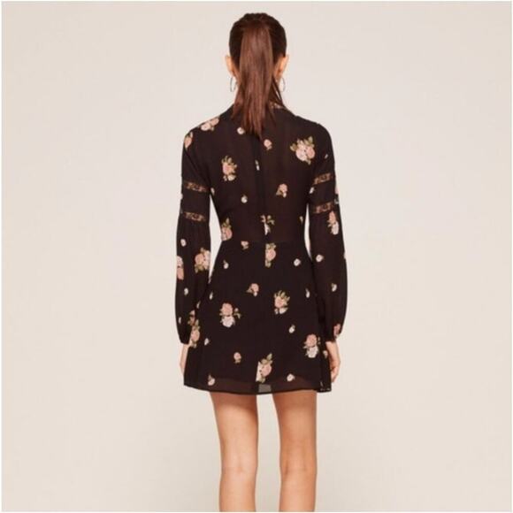 Reformation Sachi Dress Aphrodite Floral Black Long Sleeve Mini Party Size 0 - Picture 2 of 8